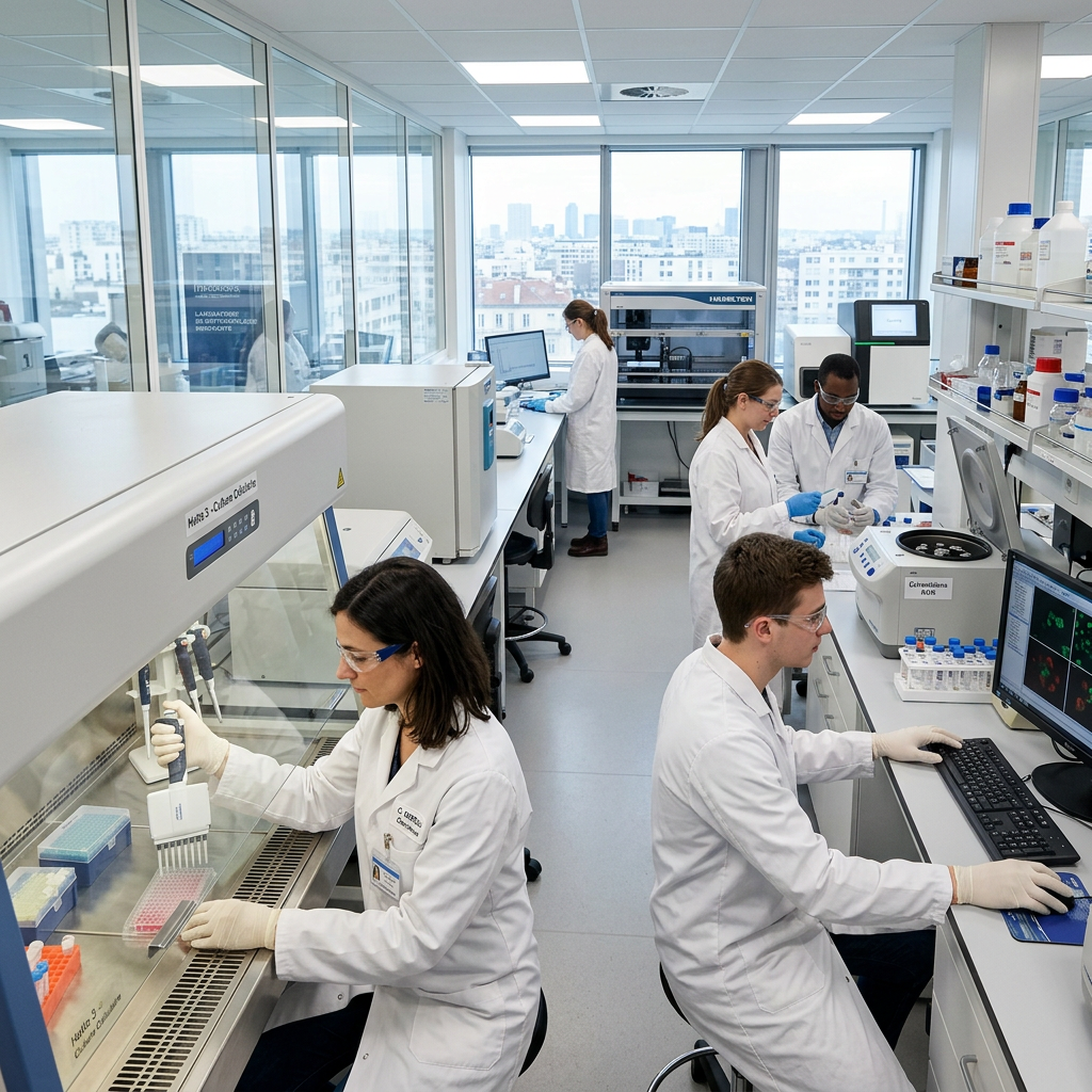 Researchers in white lab coats conducting experiments and analyzing data in a sterile laboratory