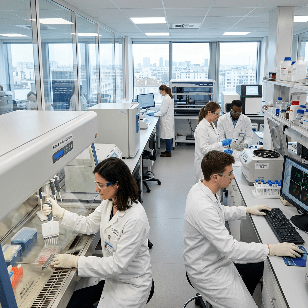 Image courante : Researchers in white lab coats conducting experiments and analyzing data in a sterile laboratory